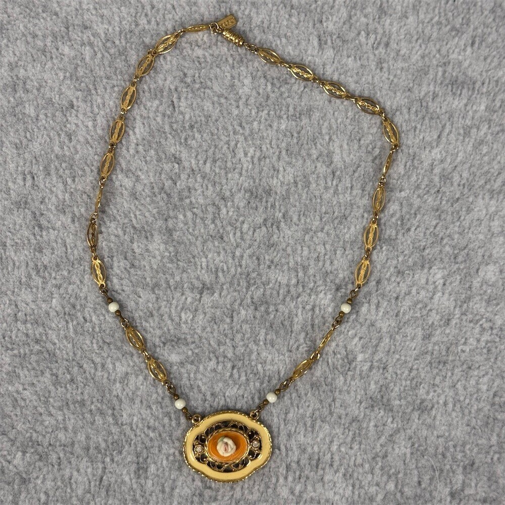 1928 Vintage Style Cameo Rose Pendant Necklace Gold Tone Filigree